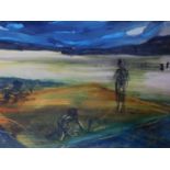 A framed and glazed pastel of a surreal scene, signed Hugh & Mirian to the back.71x54cm