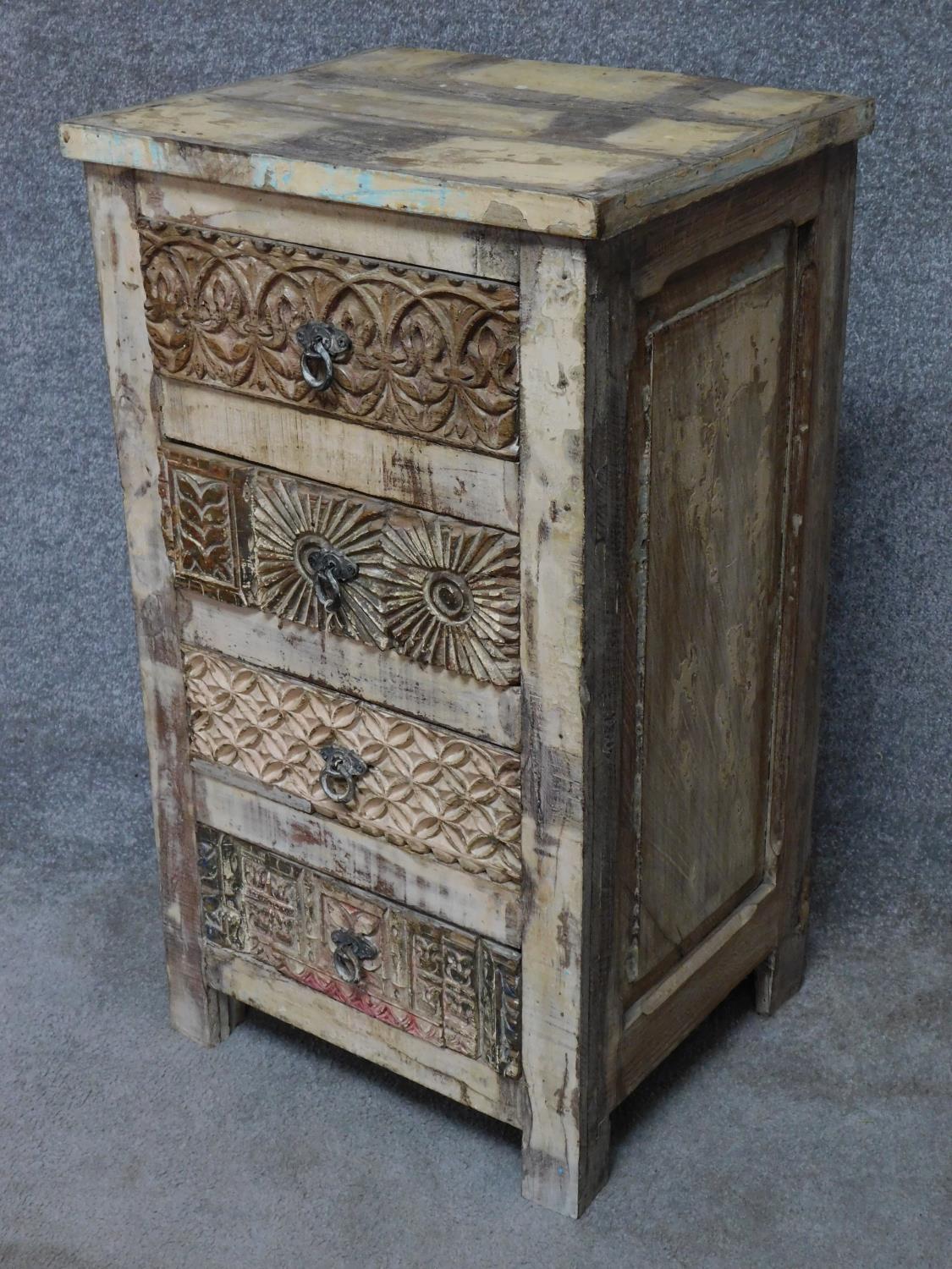 A carved Eastern hardwood bedside chest of three drawers together with a larger example of four - Image 4 of 5