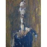 An oil on board of a surreal depiction of a man, by Alan Clayden. 81x43cm