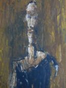 An oil on board of a surreal depiction of a man, by Alan Clayden. 81x43cm