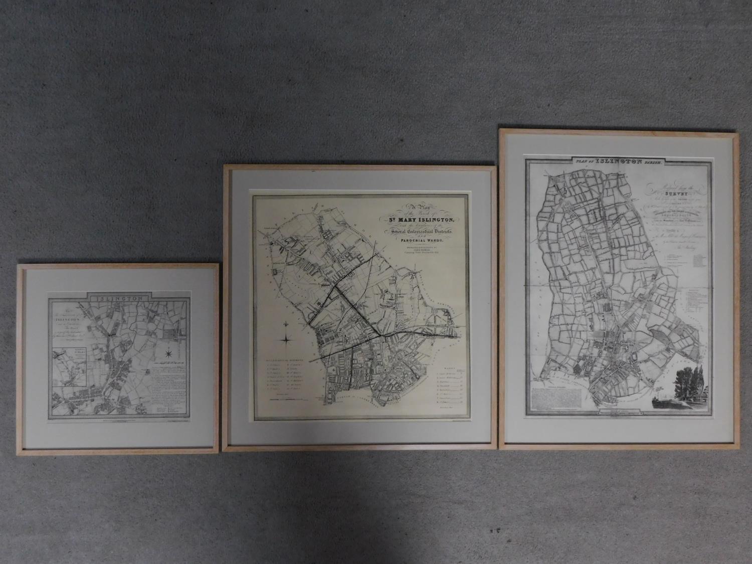 Three framed and glazed antique maps of Islington, London. 73x56cm