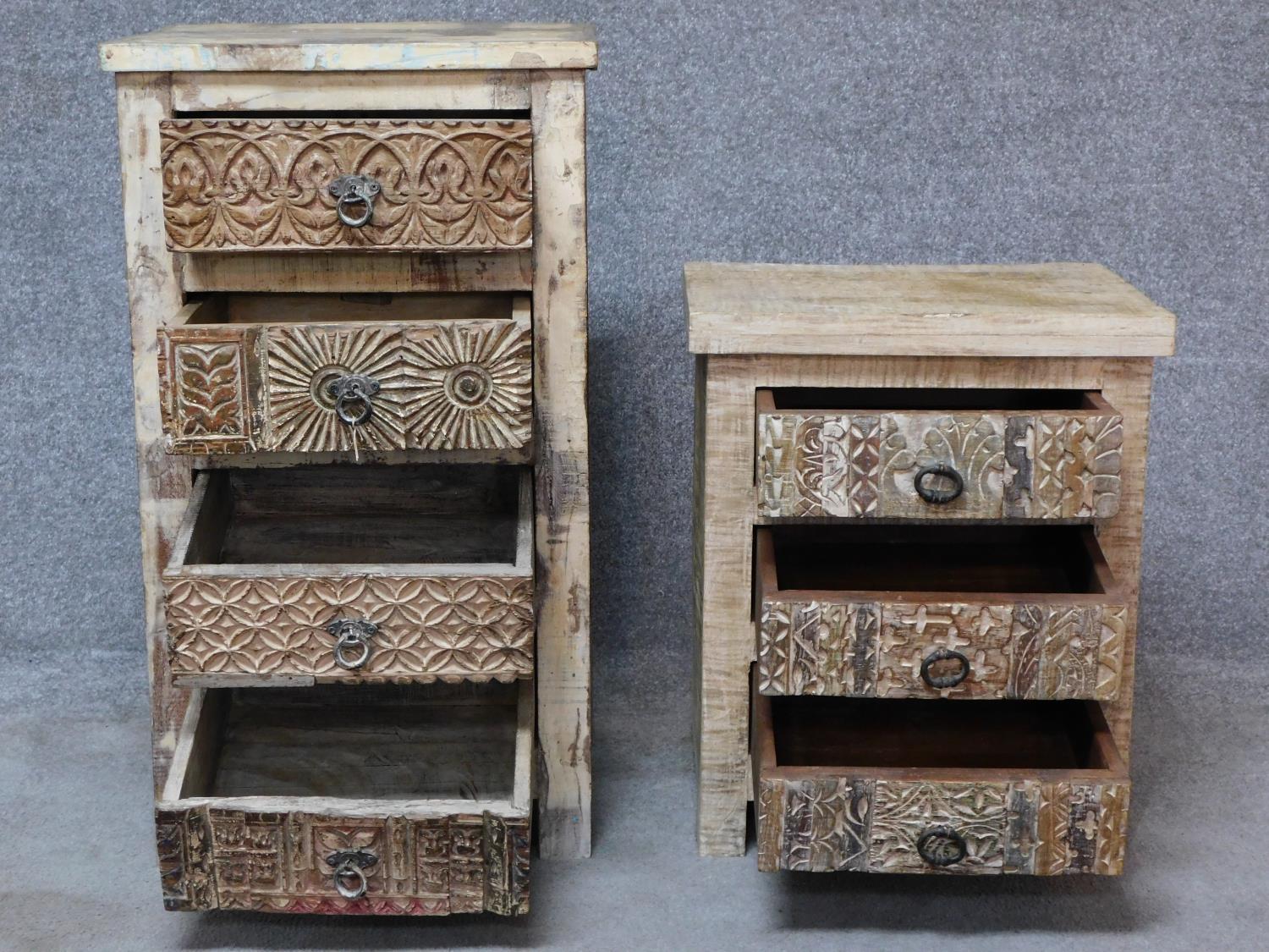 A carved Eastern hardwood bedside chest of three drawers together with a larger example of four - Image 2 of 5