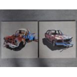 A pair of oils on canvas of two rusty cars, titled 'abandoned' 2012. signed by artist verso. 46x46cm