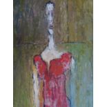 An oil on board of a surreal depiction of a woman in a red dress, by Alan Clayden. 68x38cm