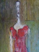 An oil on board of a surreal depiction of a woman in a red dress, by Alan Clayden. 68x38cm