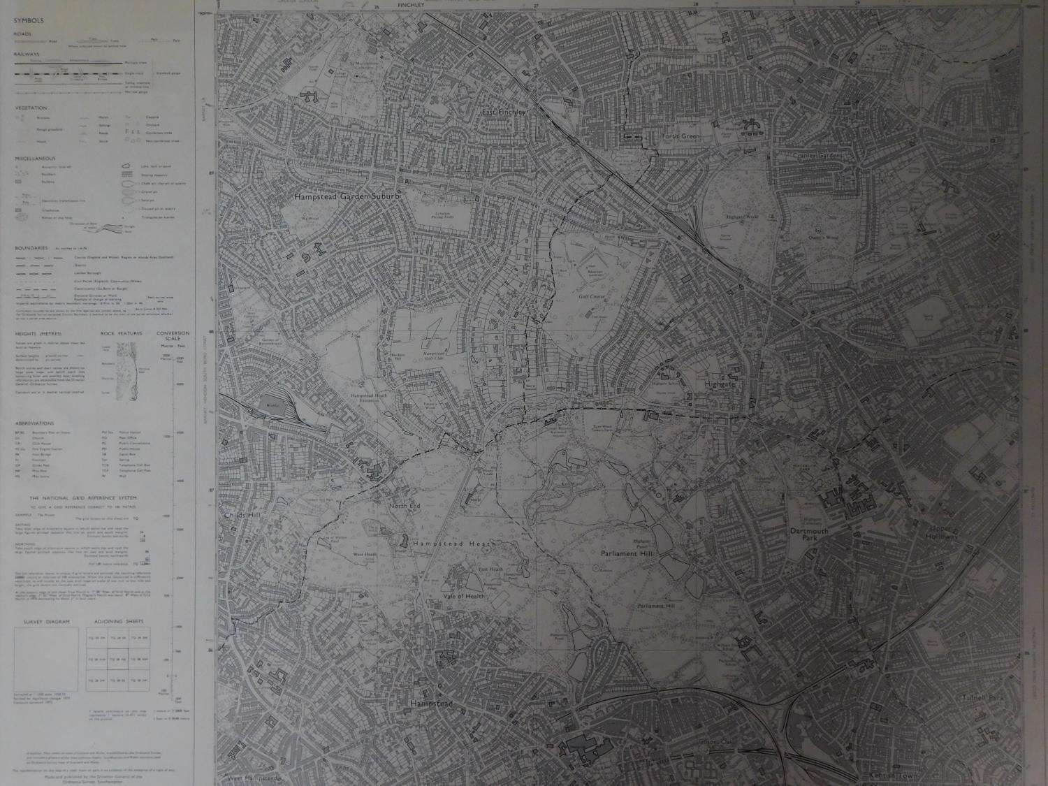 A framed and glazed ordinance survey map of Greater London. 69x79cm