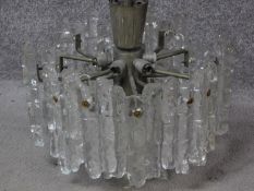 A 1960's Kalmar Franken KG seven-flame vintage ice glass hanging lamp. H.80 W.36 D.36cm