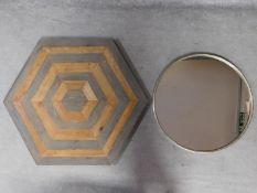 A hexagonal inlaid wall art plaque along with a circular metal framed mirror. 106x92cm