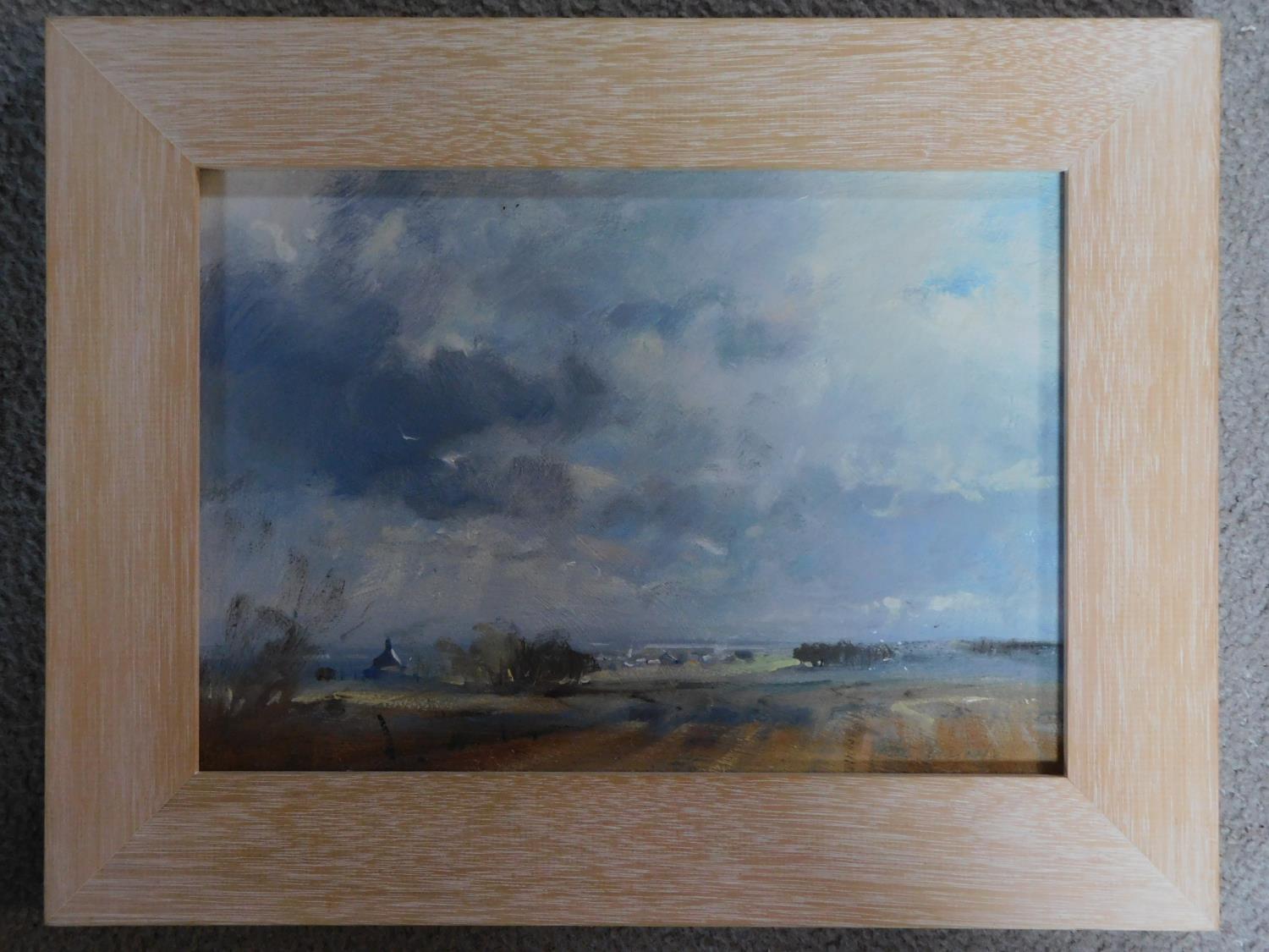 A framed oil on board titled 'Salthouse and the sea', by British artist Peter Gilman. 26x34cm - Image 2 of 5