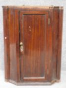 A 19th century mahogany corner cabinet with panel doors enclosing shelves on plinth base. H.74 W.