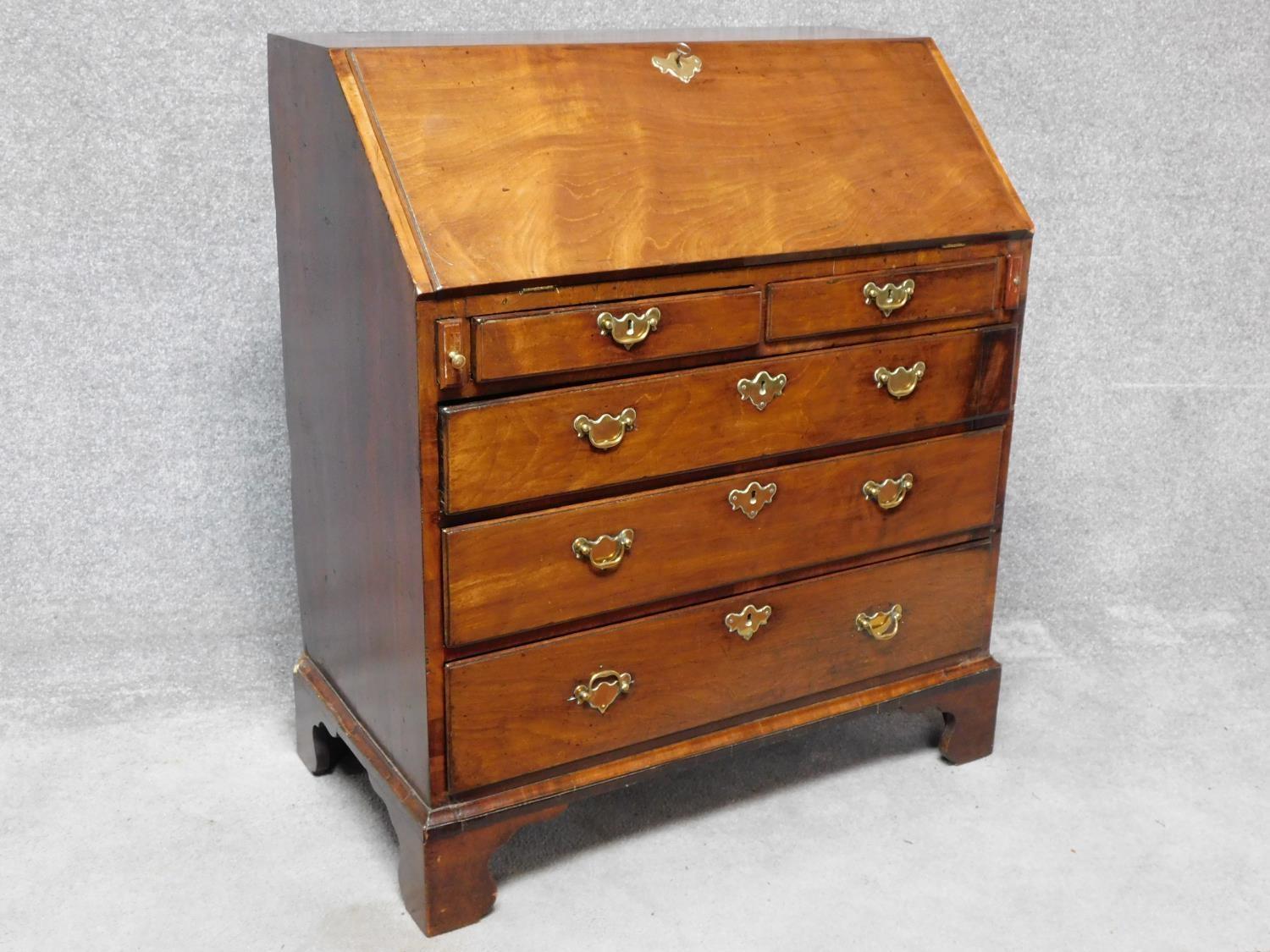 A Georgian mahogany bureau with fitted interior above two short over three long graduating drawers - Image 2 of 7