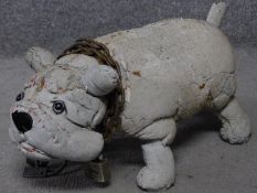 Ross Bonfanti Bulldog sculpture, C596, 2016 concrete, toy parts and steel chain 28 x 25 x 53 cm.