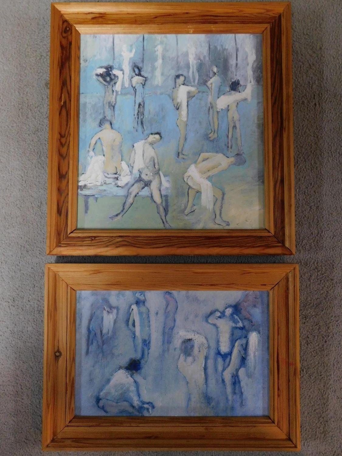 Two framed oils on board titled 'Time stands still' and 'Changing room', both by British painter and