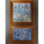 Two framed oils on board titled 'Time stands still' and 'Changing room', both by British painter and