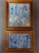 Two framed oils on board titled 'Time stands still' and 'Changing room', both by British painter and