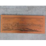 A vintage copper plate engraving of the German city of Aschaffenburg mounted on a wooden board.