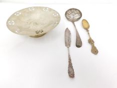 A collection of silver and silver plate including a pierced silver plate pedestal dish, a gilded