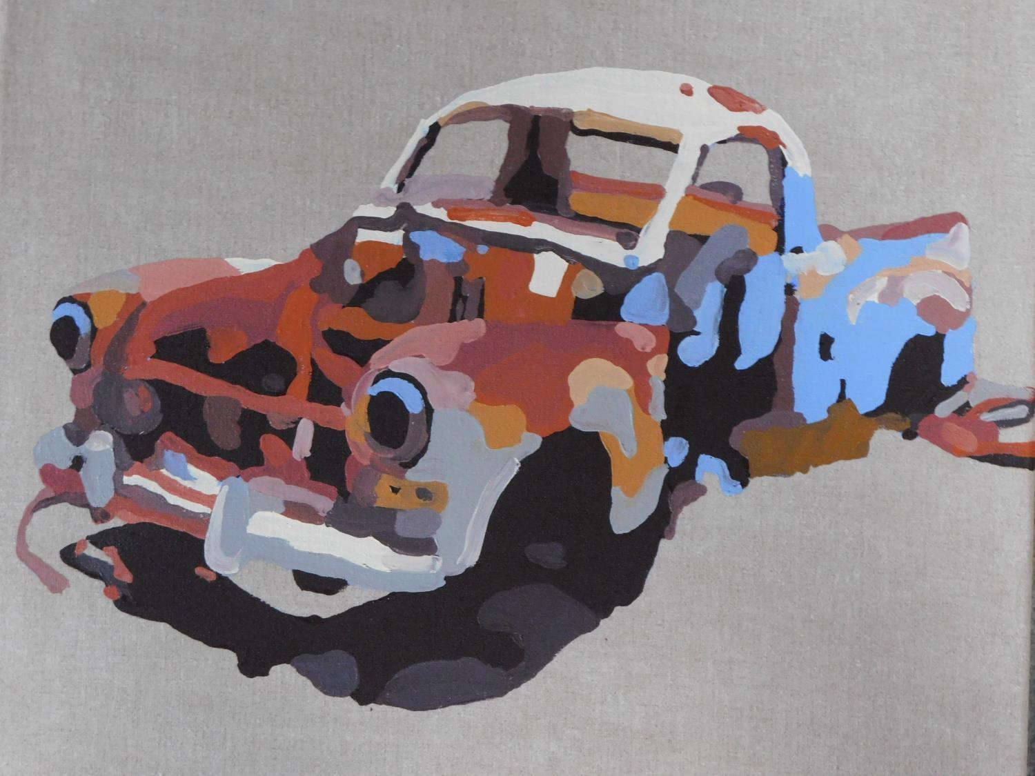 A pair of oils on canvas of two rusty cars, titled 'abandoned' 2012. signed by artist verso. 46x46cm - Image 2 of 4