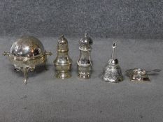 A collection of silver plated items. Including a hinged swivel lid butter dish with engraved