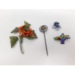 A collection of antique silver and enamel jewellery including a nephrite and branch coral flower