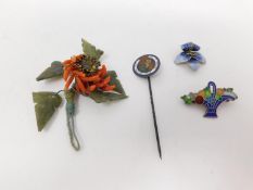 A collection of antique silver and enamel jewellery including a nephrite and branch coral flower