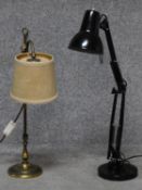 A black enamel vintage anglepoise lamp and an antique brass adjustable arched table lamp. H.75cm (