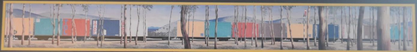 A glazed and framed print, Australian cargo train. H.30x107cm