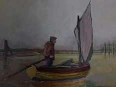 A framed oil on board by British artist John V Owen, titled Driftwood Man, signed by artist. 56x76cm