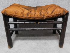 A Chinese bamboo stool on stretchered circular section supports. H.45 W.70 D.40cm