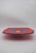 A art glass red, purple and orange abstract design pedestal dish by Australian artist Tricia