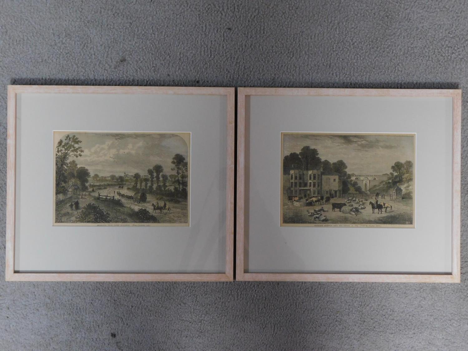 Two framed and glazed coloured lithographs, one titled 'Highgate Archway Gate and Tavern in 1825'