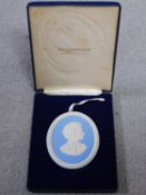 A Jasperware Wedgwood plaque of Margaret Thatcher, edition 258/500. Dedication to back and in blue