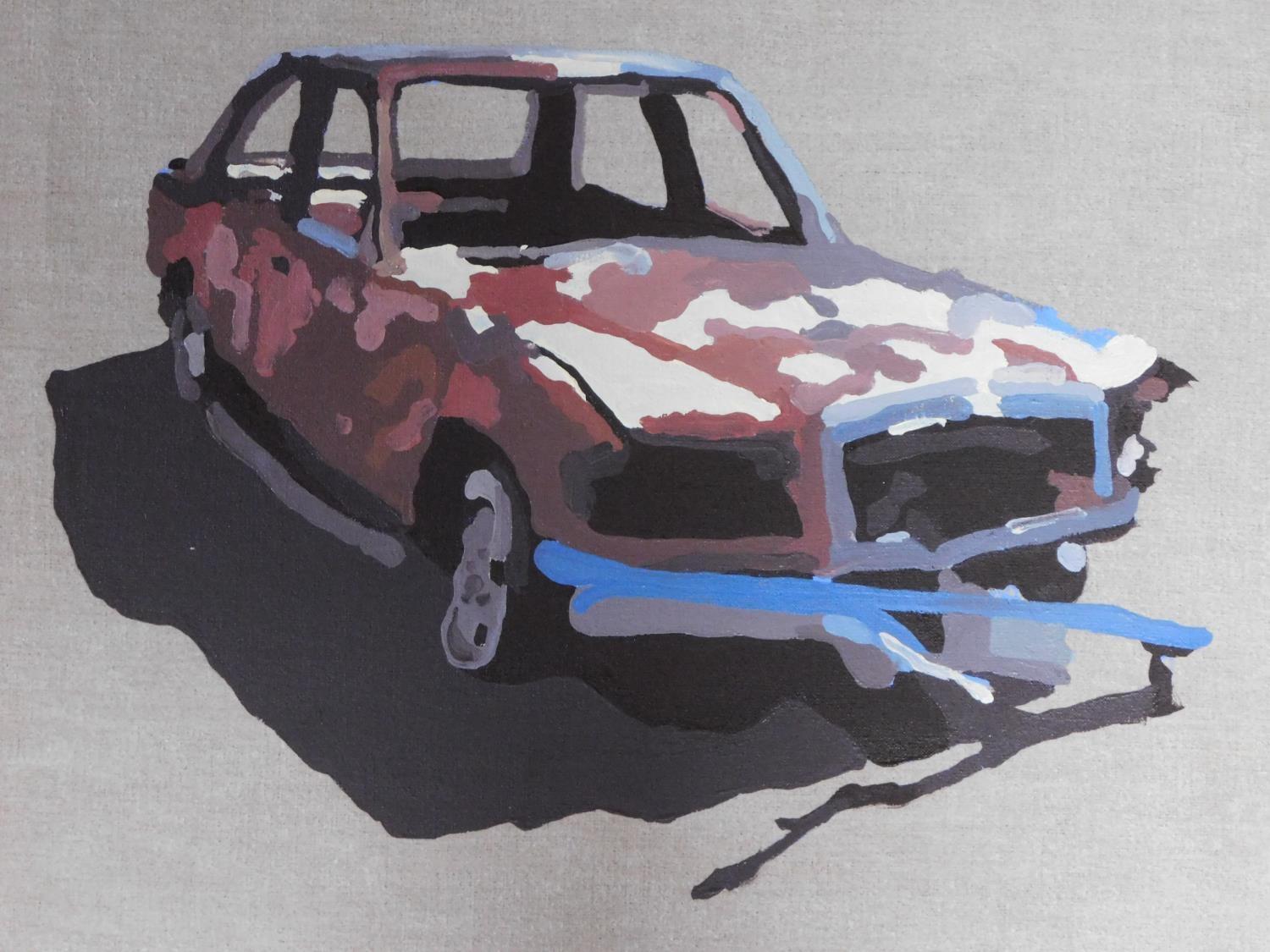 A pair of oils on canvas of two rusty cars, titled 'abandoned' 2012. signed by artist verso. 46x46cm - Image 3 of 4