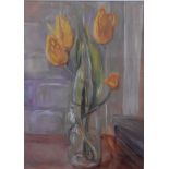 A gilt framed and glazed oil on canvas, still life tulips. H.58x67cm