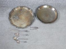 A collection of silver and silver plate items. Including a silver plate serving tray and floral