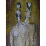 An oil on board of a surreal depiction of a naked woman and man, by Alan Clayden.62x57cm