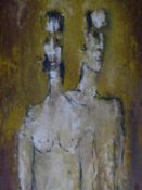 An oil on board of a surreal depiction of a naked woman and man, by Alan Clayden.62x57cm