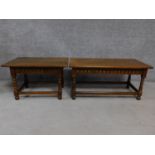 An antique style country oak low coffee table together with a matching smaller example. H.43 W.91