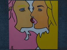 A pop art style oil on canvas of two females kissing. Signed JS. 100x100cm