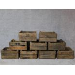 A collection of nine vintage wooden bottle crates. Some with makers stamps to side. H.28 W.37 D.54cm