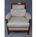 A cherrywood framed Giorgetti armchair with white leather upholstery. H.89cm