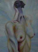 A framed surrealist oil on board of a female figure. Unsigned. 134x73cm