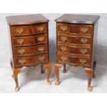 A pair of Georgian style flame mahogany bedside chest of four drawers on cabriole supports. H.74 W.