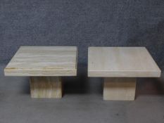 A pair of Italian marble coffee tables on square plinth bases. H.41 L.62 W.62cm