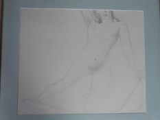 A framed and glazed pencil drawing of a female nude figure leaning on a chair by Artist Joan