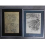 Two framed and glazed pencil sketches titled 'American Hotel' and the other 'Littlebourne', both