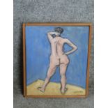 A framed oil on canvas of a female nude figure fromthe back by British artist John Nicoll. Signed