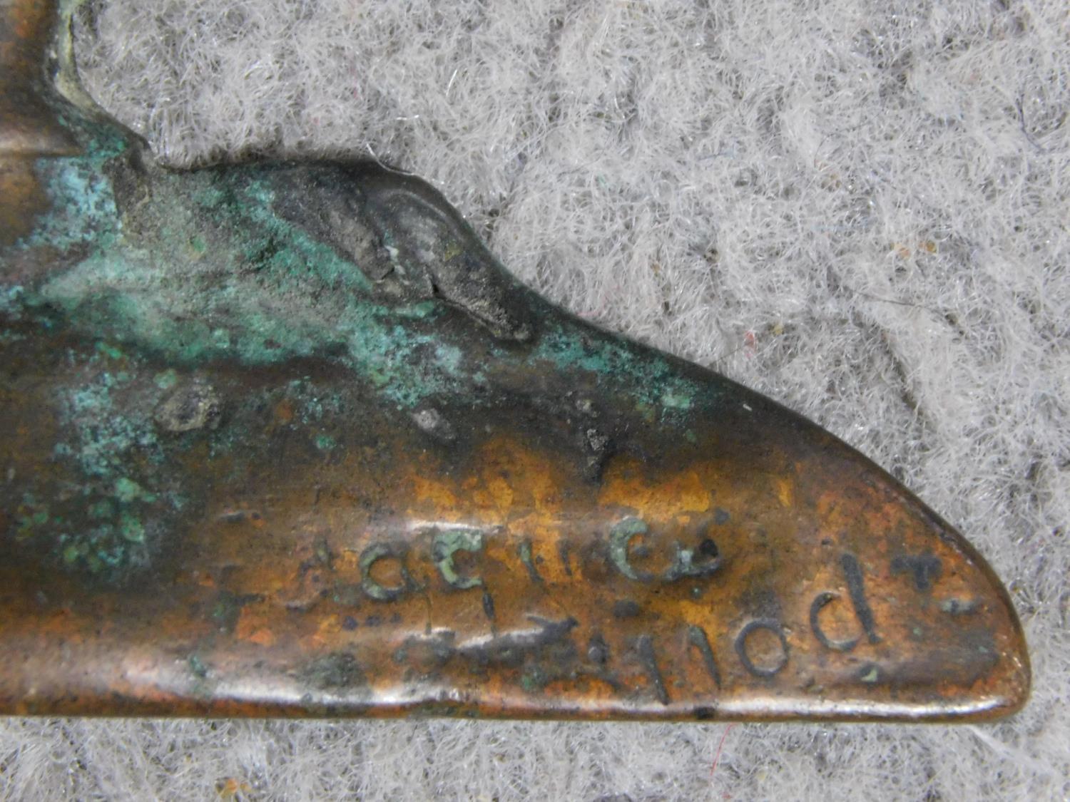 An antique bronze relief wall plaque of a soldier leaning on his horse. Indistinctly signed Jacques. - Image 6 of 7