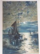 A 19th century framed and glazed watercolour of sailing boats by moonlight on the water.