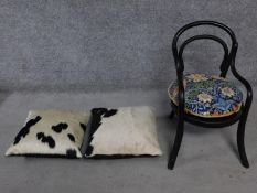 A small ebonised bentwood child's chair together with William Morris fabric pillow along with two